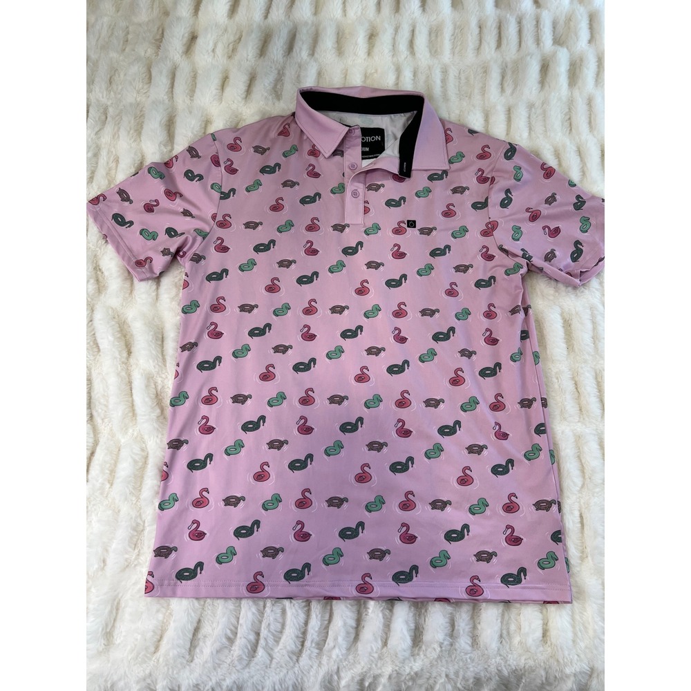Flomotion Mens Pink Flamingo Turtle Pool Float Polo Shirt Medium Short Sleeve
